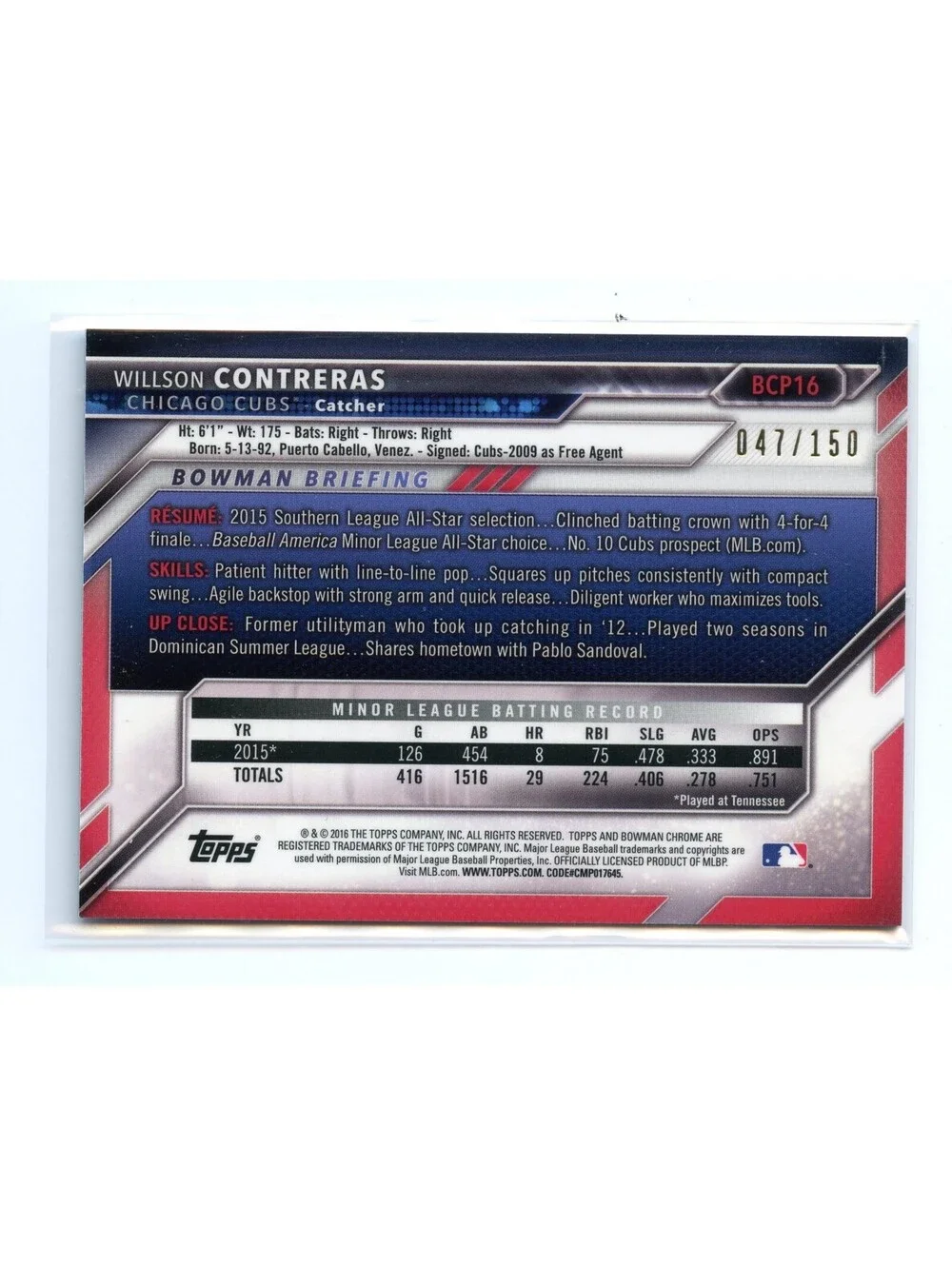 2016 Bowman Chrome Prospects Willson Contreras #BCP16 Blue Refractor 67/150 RC